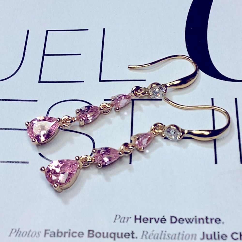Gold Pink Zirconia long Earrings